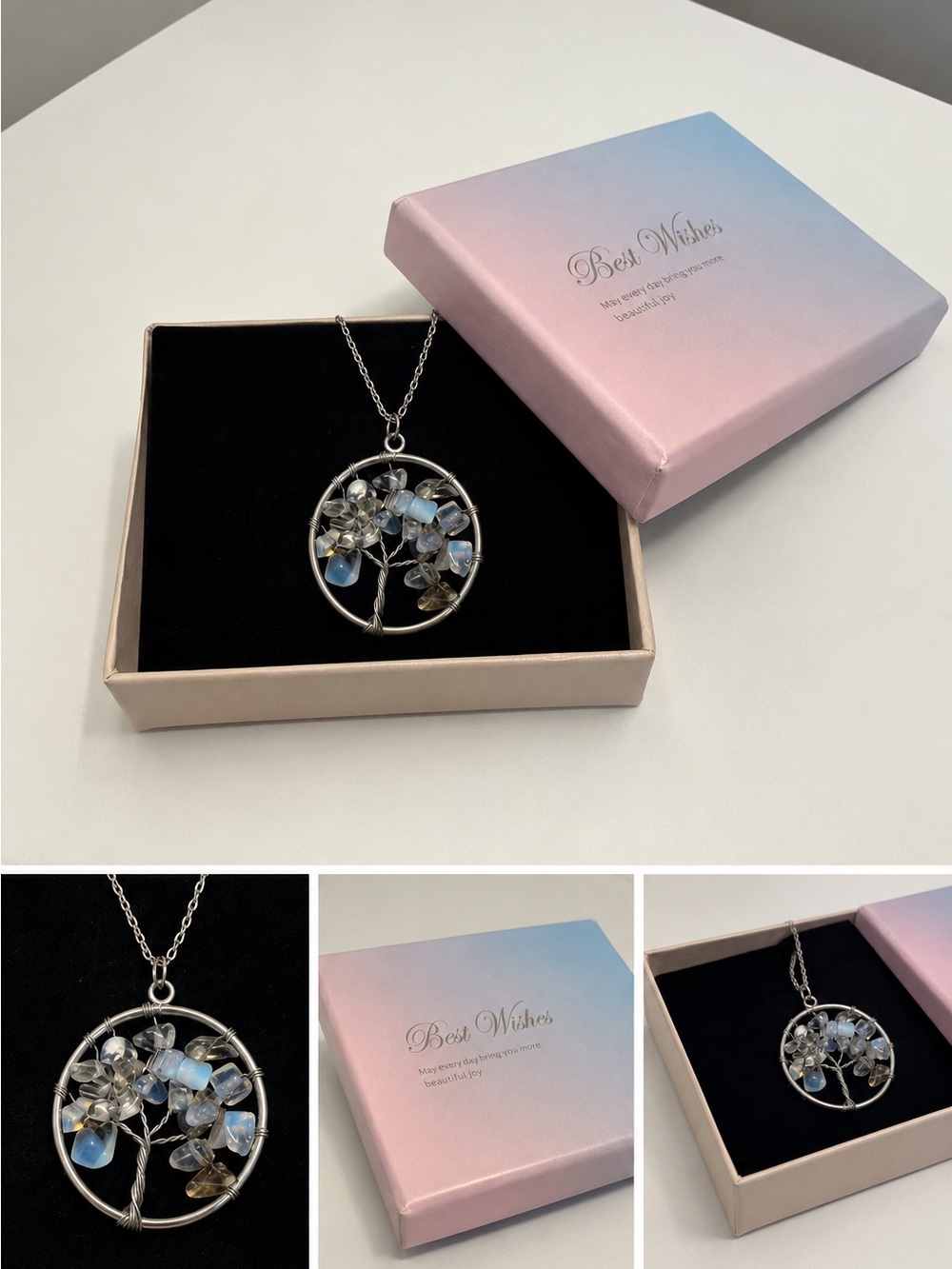 Silver Tree of Life Necklace with Moonstone Chips - White/Silver